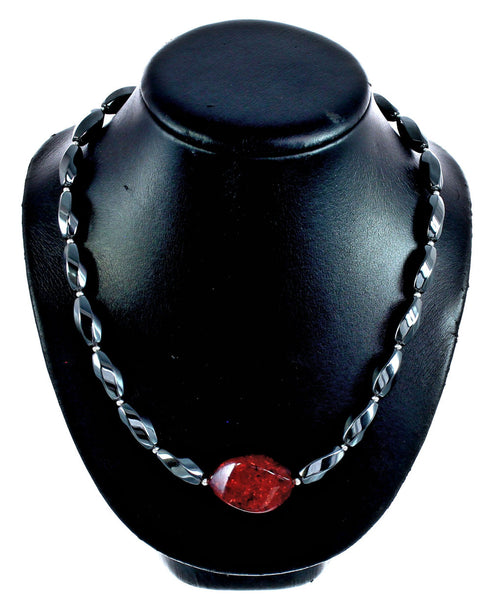 Southwest Genuine Sterling Silver Hematite and Amber Bead Necklace KX120927