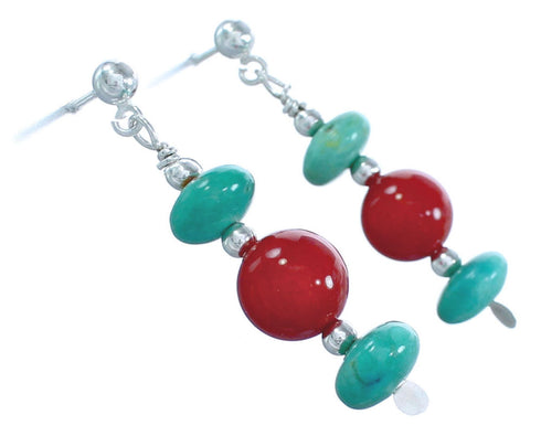 Turquoise And Coral Genuine Southwest Bead Post Dangle Earrings KX120930