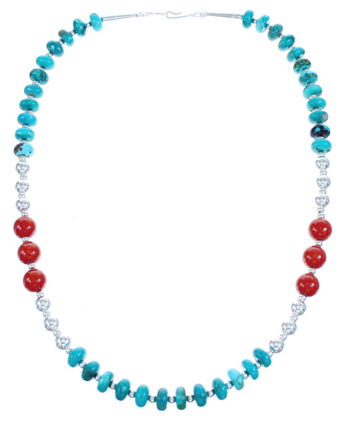 Turquoise and Coral Authentic Sterling Silver Bead Necklace KX120919