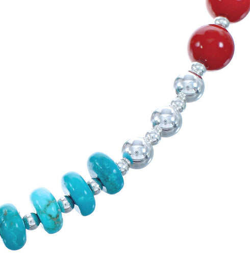 Turquoise and Coral Authentic Sterling Silver Bead Necklace KX120919