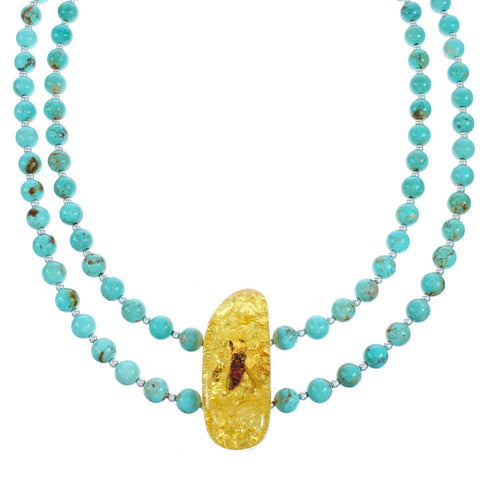 Southwest Turquoise and Amber Sterling Silver Bead Necklace KX121056
