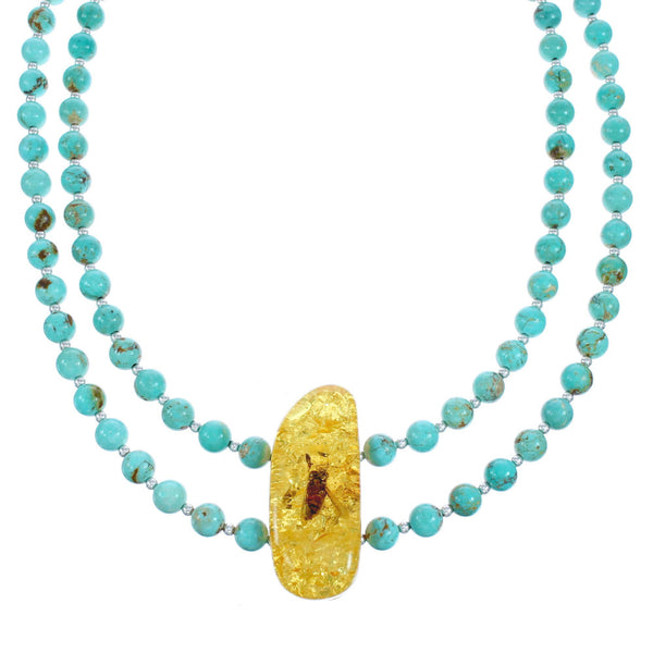 Southwest Turquoise and Amber Sterling Silver Bead Necklace KX121056