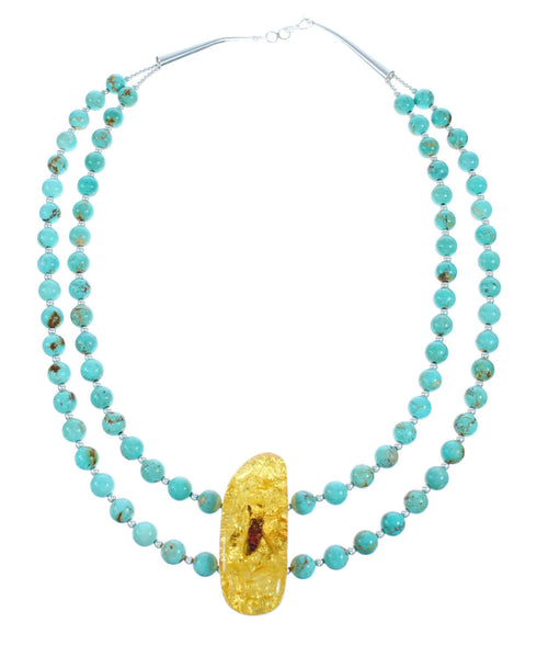 Southwest Turquoise and Amber Sterling Silver Bead Necklace KX121056