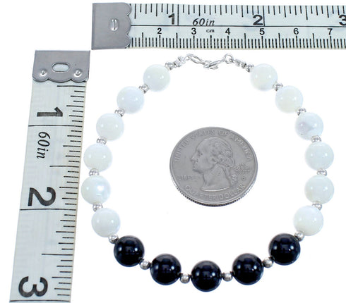 Sterling Silver Mother Of Pearl and Onyx Bead Bracelet KX121024