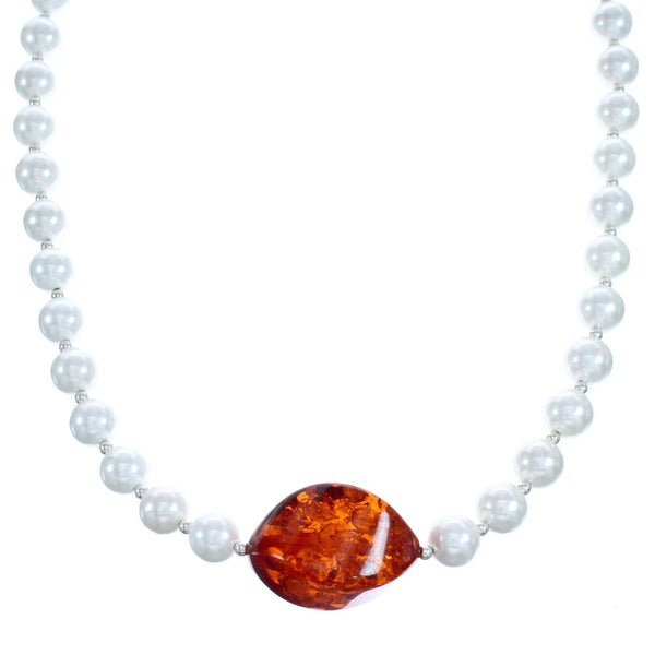 Southwest Mother of Pearl and Amber Bead Necklace KX121128
