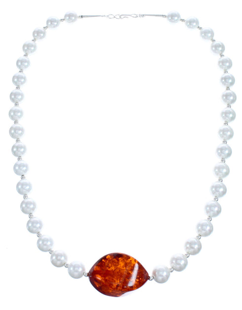 Southwest Mother of Pearl and Amber Bead Necklace KX121128