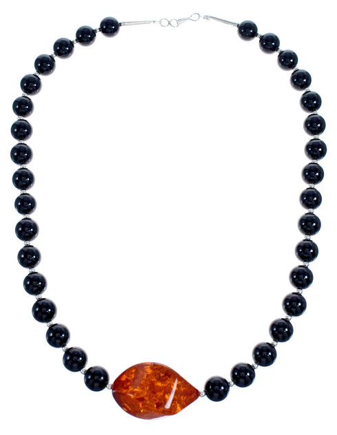 Sterling Silver Onyx and Amber Bead Necklace KX121129