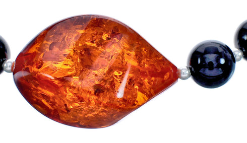 Sterling Silver Onyx and Amber Bead Necklace KX121129