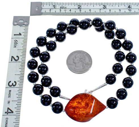 Sterling Silver Onyx and Amber Bead Necklace KX121129
