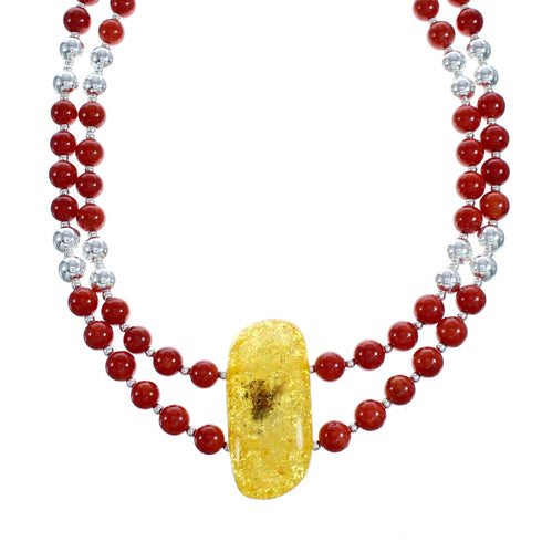 Sterling Silver Coral and Amber Bead Necklace KX121135