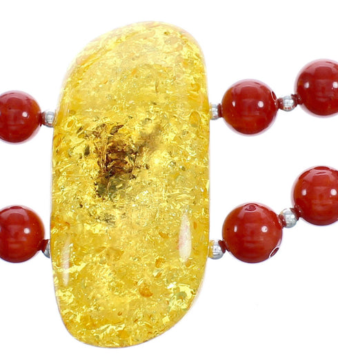Sterling Silver Coral and Amber Bead Necklace KX121135
