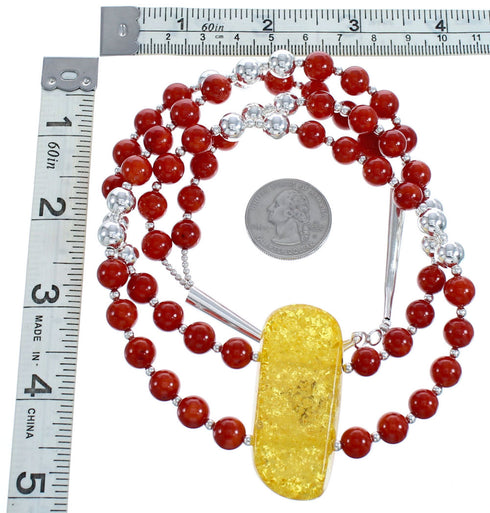 Sterling Silver Coral and Amber Bead Necklace KX121135