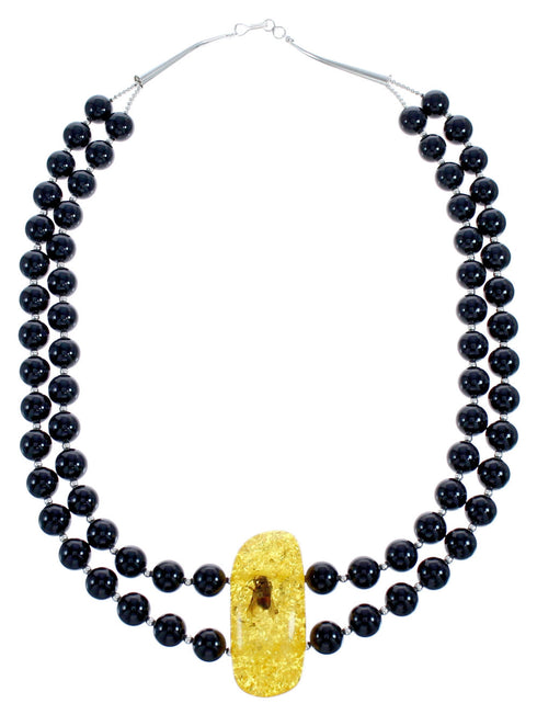 Southwest Onyx and Amber Sterling Silver Bead Necklace KX121132