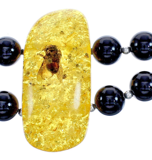 Southwest Onyx and Amber Sterling Silver Bead Necklace KX121132