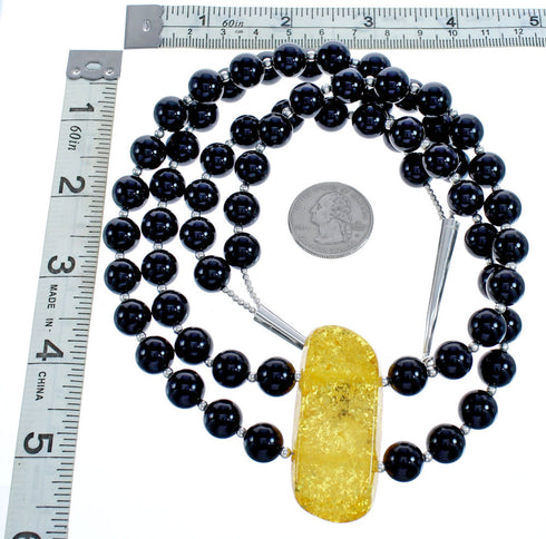 Southwest Onyx and Amber Sterling Silver Bead Necklace KX121132