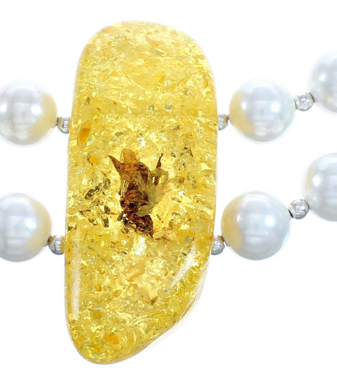 Sterling Silver Mother Of Pearl and Amber Bead Necklace KX121133