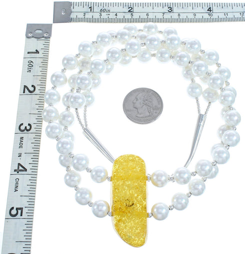 Sterling Silver Mother Of Pearl and Amber Bead Necklace KX121133