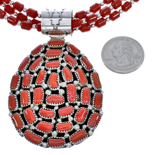 Sterling Silver Navajo Coral Pedant Bead Necklace KX121138