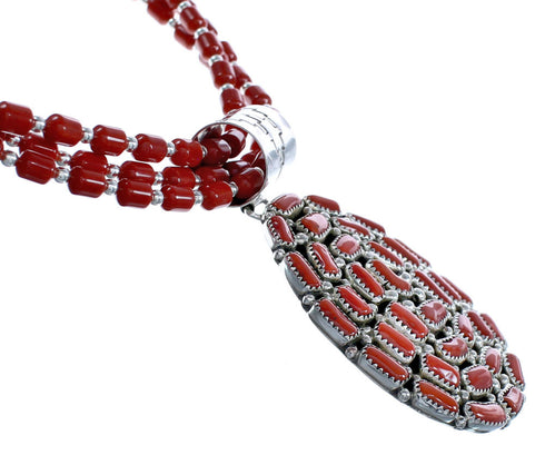 Sterling Silver Navajo Coral Pedant Bead Necklace KX121138
