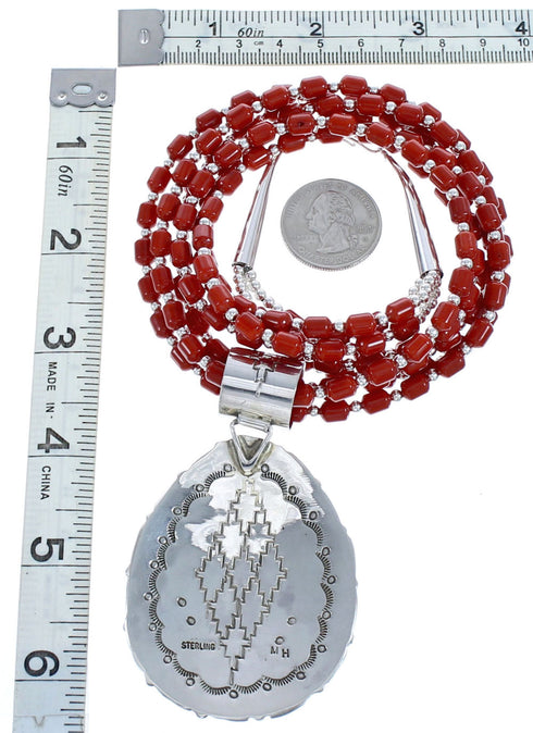 Sterling Silver Navajo Coral Pedant Bead Necklace KX121138