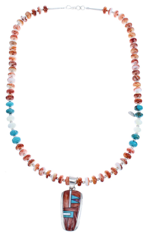 Navajo Red Oyster Shell Multicolor Bead Necklace with Inlay Pendant KX121139