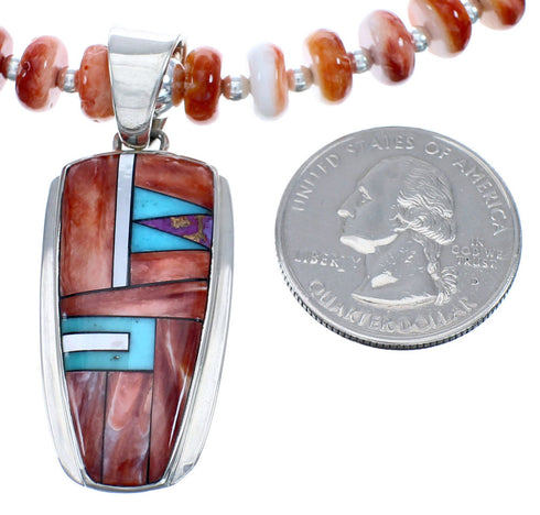 Navajo Red Oyster Shell Multicolor Bead Necklace with Inlay Pendant KX121139