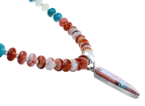 Navajo Red Oyster Shell Multicolor Bead Necklace with Inlay Pendant KX121139