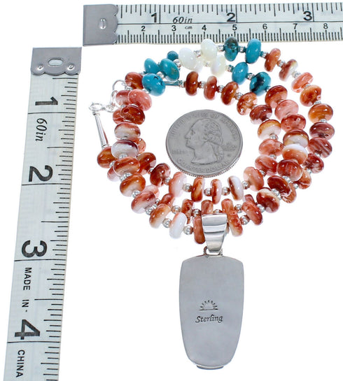 Navajo Red Oyster Shell Multicolor Bead Necklace with Inlay Pendant KX121139