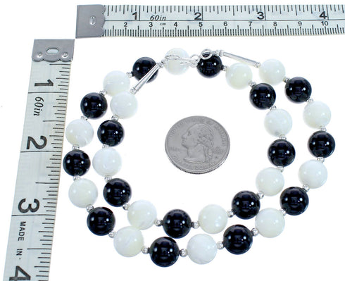 Onyx and Mother Of Pearl Sterling Silver Bead Necklace KX121150