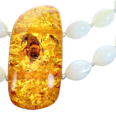 Sterling Silver Mother Of Pearl and Amber Bead Necklace KX121181