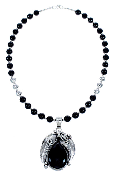 Sterling Silver Navajo Leaf Onyx Bead Necklace KX121297