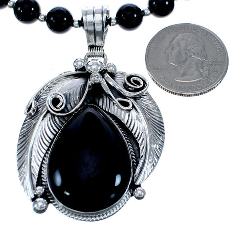 Sterling Silver Navajo Leaf Onyx Bead Necklace KX121297