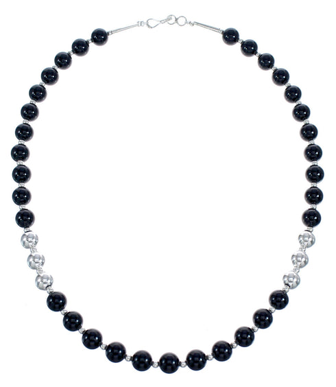 Sterling Silver Navajo Leaf Onyx Bead Necklace KX121297