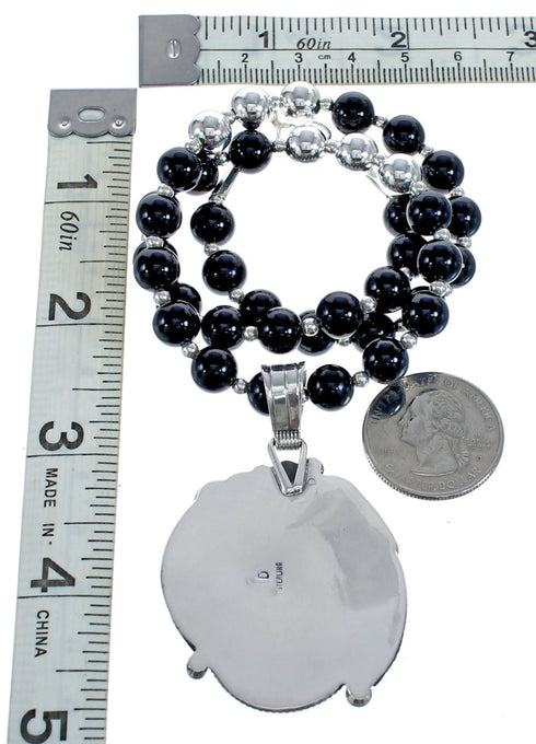 Sterling Silver Navajo Leaf Onyx Bead Necklace KX121297