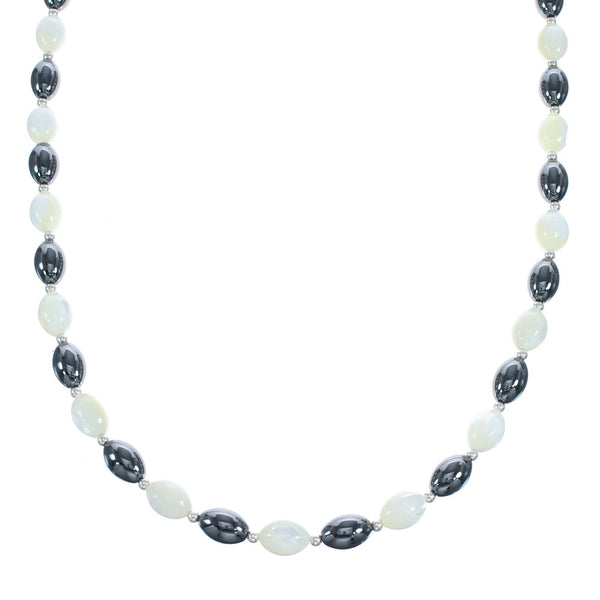Hematite and Mother of Pearl Genuine Sterling Silver Bead Necklace JX121625