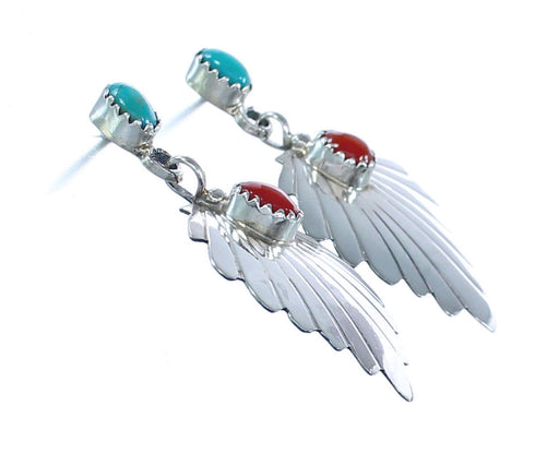 Navajo Sterling Silver Turquoise Coral Leaf Post Dangle Earrings KX121340