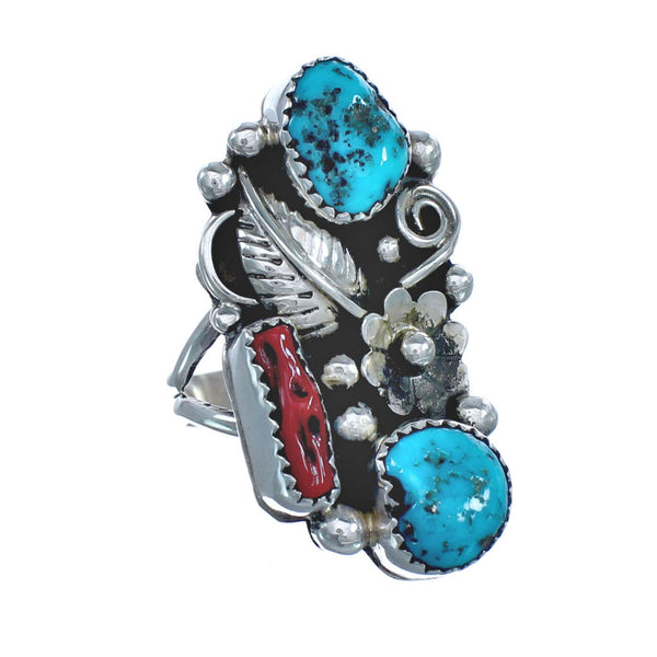 Navajo Turquoise and Coral Multistone Ring Size 8-3/4 KX121337