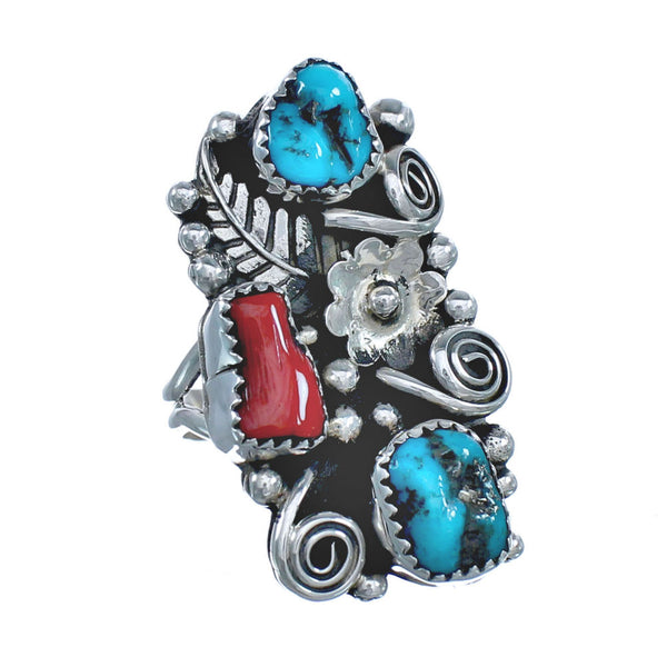 Sterling Silver Navajo Turquoise and Coral Multistone Ring Size 8 KX121338