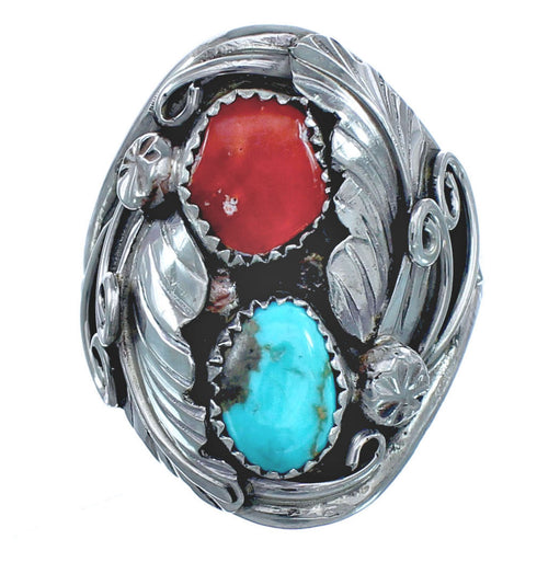 Authentic Sterling Silver Navajo Turquoise Coral Leaf Design Ring Size 11-1/4 AX121443