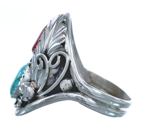 Authentic Sterling Silver Navajo Turquoise Coral Leaf Design Ring Size 10-1/4 AX121440