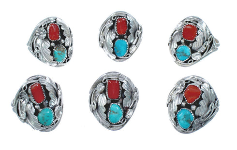 Authentic Sterling Silver Navajo Turquoise Coral Leaf Design Ring Size 11-1/4 AX121443