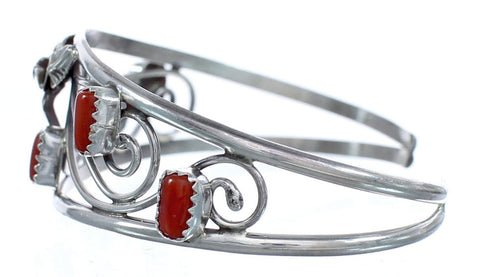 Sterling Silver Coral Flower Leaf Navajo Cuff Bracelet AX121367