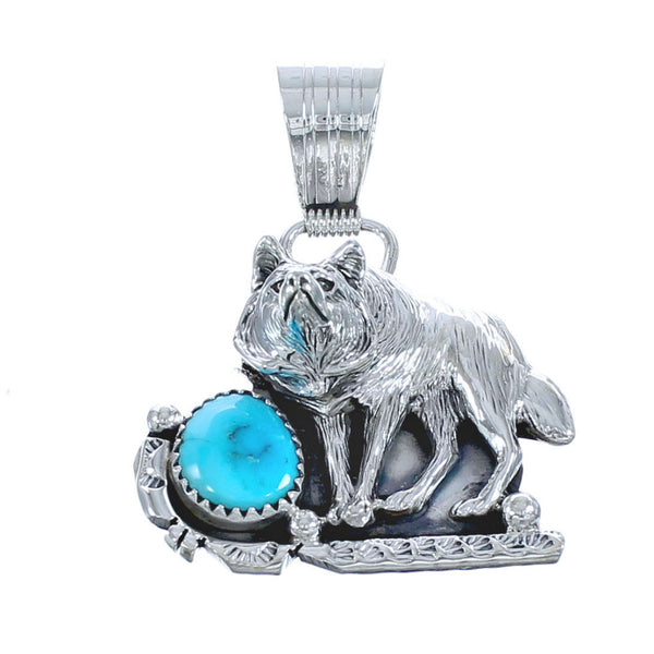 Navajo Genuine Sterling Silver Turquoise Wolf Pendant AX121469