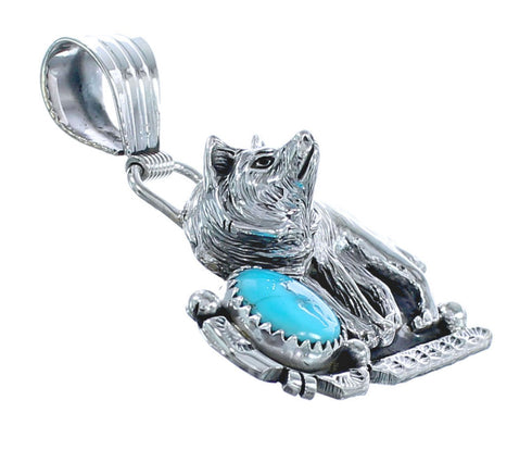 Navajo Genuine Sterling Silver Turquoise Wolf Pendant AX121469