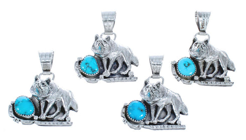 Navajo Genuine Sterling Silver Turquoise Wolf Pendant AX121469