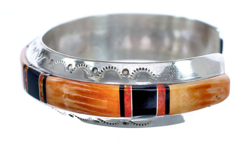 Native American Sterling Silver Oyster Shell Onyx and Red Opal Inlay Cuff Bracelet JX121787