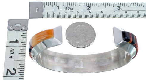 Native American Sterling Silver Oyster Shell Onyx and Red Opal Inlay Cuff Bracelet JX121787
