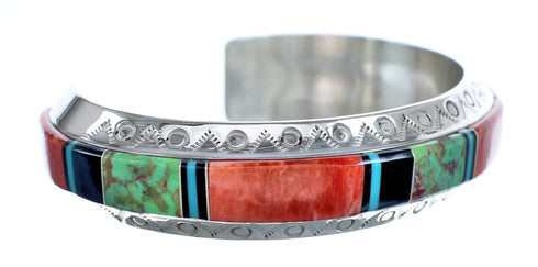 Native American Sterling Silver Turquoise Oyster Shell and Onyx Inlay Cuff Bracelet JX121789