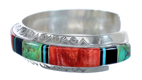 Native American Sterling Silver Turquoise Oyster Shell and Onyx Inlay Cuff Bracelet JX121789
