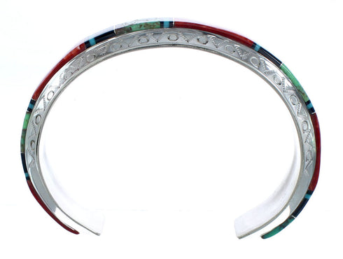 Native American Sterling Silver Turquoise Oyster Shell and Onyx Inlay Cuff Bracelet JX121789